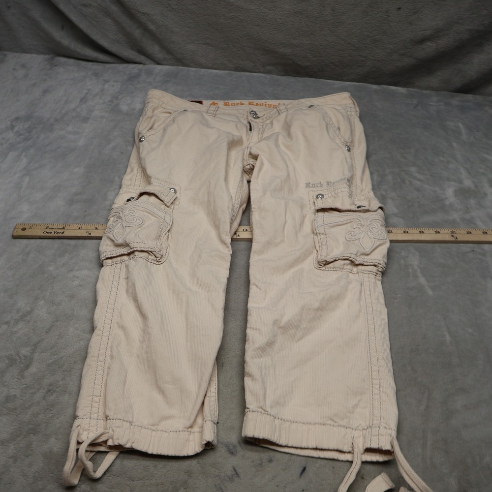 Rock Revival  Pants Womens 29x22 White Corduroy Cargo Capri Embellished Boho VTG